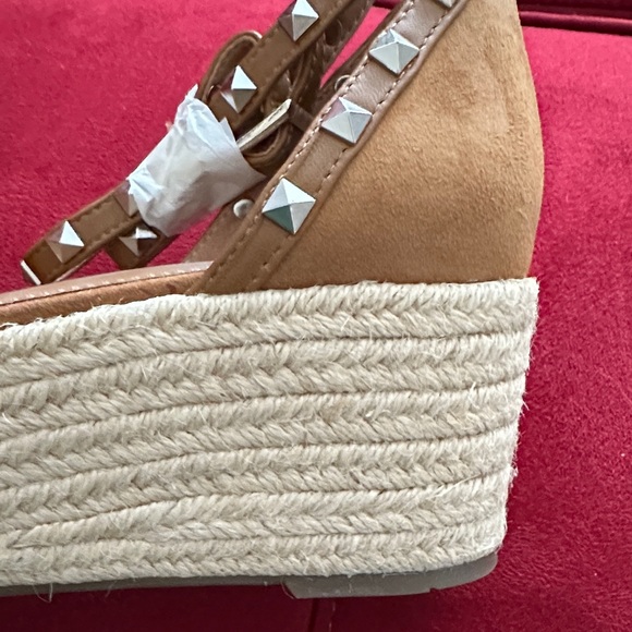 Marc Fisher Chic Tan Wedge Sandals with Studded Straps wraps around ankle 8 - Picture 3 of 4